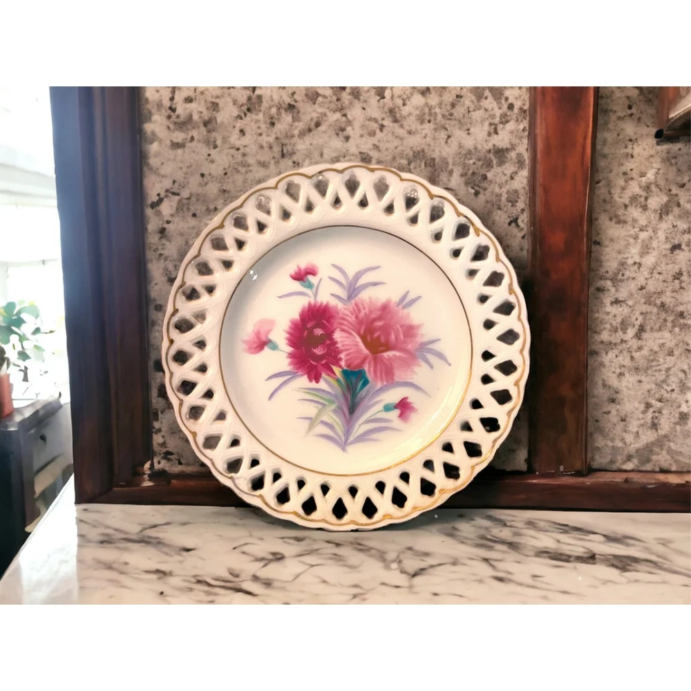 40s Collectible Dish from Japan 1940s Gold Edged Pink Flowers Lattice Edged